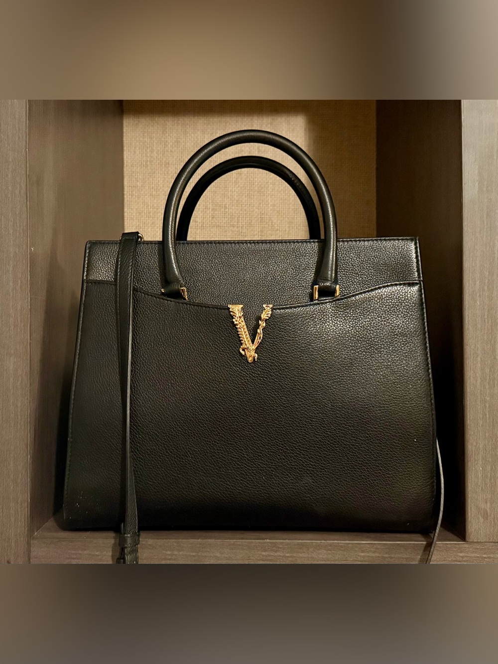 Versace Black Pebbled 100% Buttery Soft Lambskin Leather Crossbody Tote Bag
